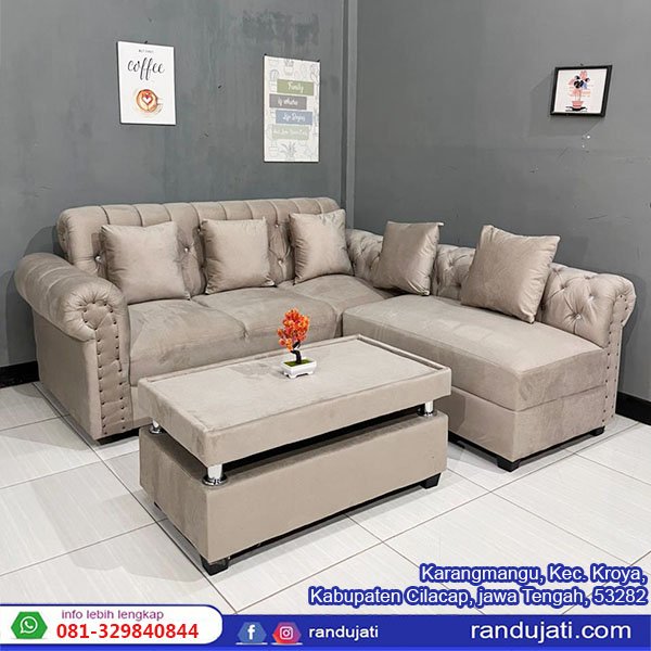 SOFA SUDUT L PUTUS KANCING KREM MIDILI
